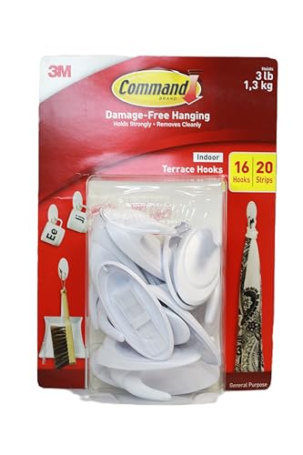 Command Utility Hooks, Damage Free Hanging Wall Hooks with Adhesive Strips, No Tools Wall Hooks, 16 White Hooks and 20 Strips