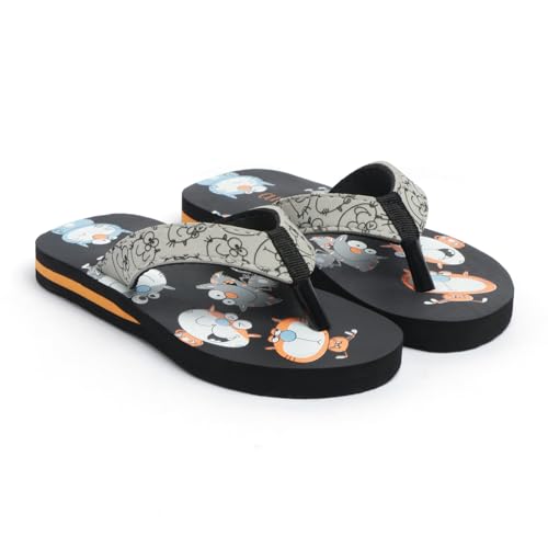 Cutties Kids Cartoon Print Flip Flops with EVA Strap, Fun Animal Design Beach Sandals, Available in Black, Navy Blue, Grey Colors (BLACK, UK Footwear Size System, Toddler, Women, Age Range, Medium, 4.5 Years, 5 Years)