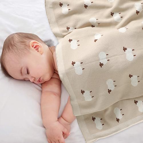 Image of mimixiong Baby Blanket Knit Receiving Boys Girls Blanket Soft Cotton Neutral Blanke for Swaddle Crib Stroller with Cute Sheep (Khaki, 30x40 Inch (Pack of 1))