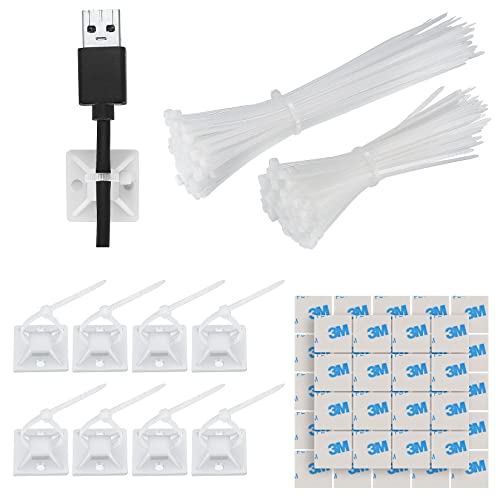 GOLDEROC 200 Pièces Serre-Câbles Plastique Blanc avec 100 Pièces Collier de Serrage Plastique, Attache Câble Adhésif, Auto Adhésif Supports Base pour la...