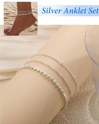 Image of ZHESHY Gold Silver Ankle Bracelets for Women 14K Gold Plated Anklets for Women Waterproof Cuban Link Heart Chain Anklets Set Non Tarnish Dainty Layered Anklet Bracelets for Women Summer Beach Jewelry