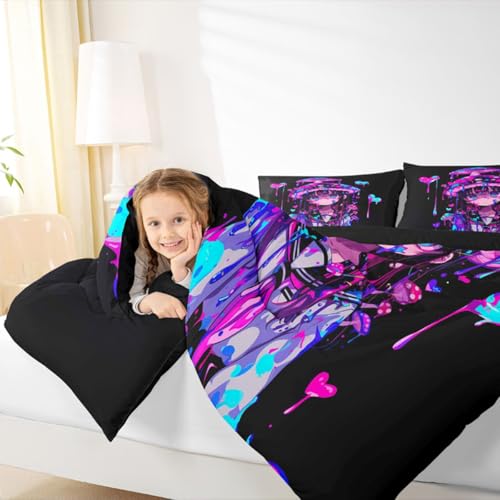 Image of Erosebridal Mushroom Girl Comforter Set for Kids Boys Girls 3D Japanese Girly Bedding Watercolor Graffiti Duvet Set Cute Anime Gifts Comforter Full with 2 Pillowcases