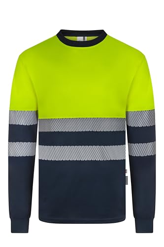 Velilla 305635; Camiseta Poliéster Reciclado Bicolor Manga Larga Cinta Segmentada; Color Azul Navy y Amarillo Flúor; Talla M