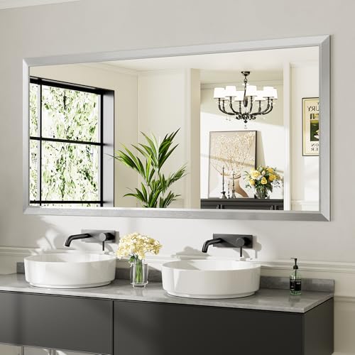 72x36 Inch Silver Bathroom Mirror for Wall, Thick Metal Framed Rectangle Mirrors for Over Sink, Bedroom, Living Room, Entryway, Anti-Rust, HD Tempered Glass