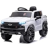 Little Brown Box 12V Licenced Chevy Silverado Ride On Truck for Kids to Drive - Battery Powered Toy w Remote Control, Sounds,Lights,2 Speeds,Electric Car Kids,Toddler,Baby,3 8 Years, White
