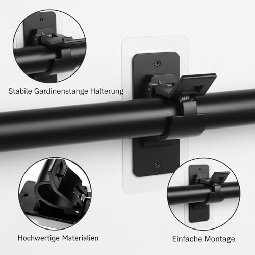 4 Stück Gardinenstangen Halterung Ohne Bohren – Selbstklebende Gardinenstange zum Kleben für Badezimmer & Küche – Robuste Wandhalterung für Stangen bis 3 cm