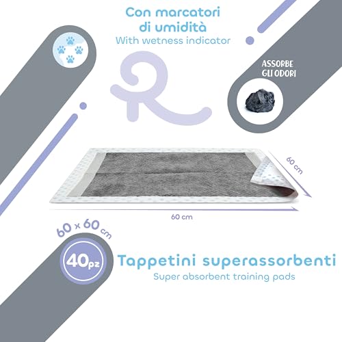 Record Assorbipiù - Maty dla Psów z Węglem Aktywnym 60x60 cm, 40 sztuk. Jednorazowe, bardzo chłonne i higieniczne podkłady dla psów. Odporne na rozdarcia i zapachy