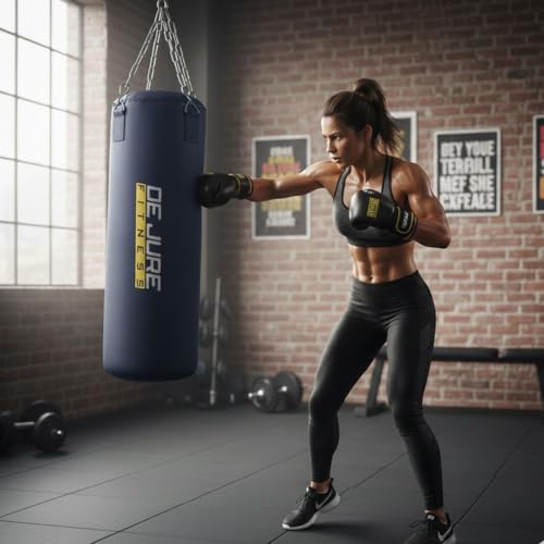 Image of De Jure Fitness Heavy Duty 4 Ft Punching Bag with Rust-Proof Stainless Steel Hanging Chain | Durable Polyester Fabric | Comfortable Recycled Filling | Boxing MMA, Kickboxing - Blue, 4 Ft