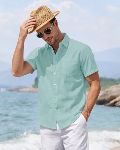 Image of J.VER Mens Linen Shirt Short Sleeve Button Down Casual Summer Shirts | Cotton Linen, Untucked, Big Tall, from Beach Camp Vacation, Cruise Fishing, Work Office, to Wedding Party Family, with Pocket