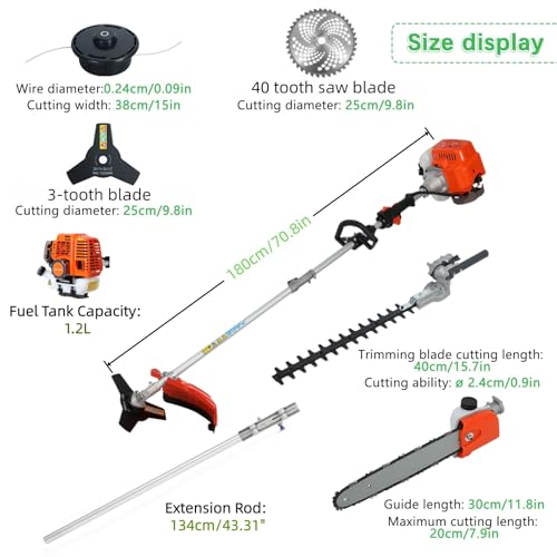 5-in-1 Weed Eater Gas Powered - 52CC 2-Stroke Handheld Hedge Trimming Tools, Weed Wacker, String Trimmer, Brush Cutter, Edger, Pole Tree Saw Pruner with Extension Pole for Home Yard Lawn Care