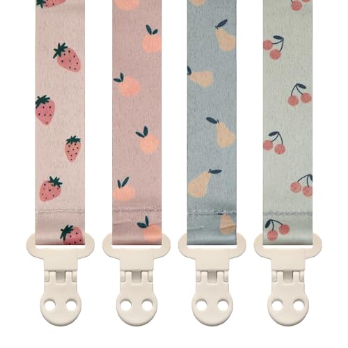 Image of Stadela Baby Pacifier Clip Holder - Girl or Boy Unisex 4 Pack Gift Set – Summer Peaches Strawberies Cherries Pears (Fruits)