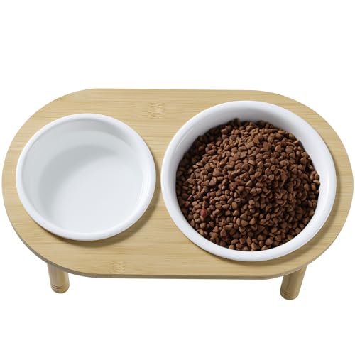 Navaris Futterstation Hund erhöht - 350 & 650 ml - Hundenapf Keramik in Bambusständer - Hundenapf erhöht für Wasser und Futter - Mikrowellen- und Spülmaschinenfest
