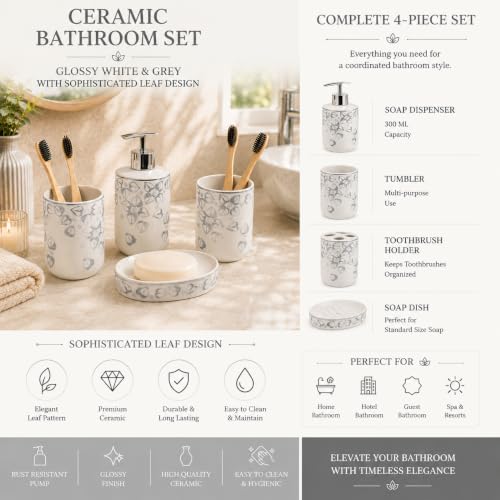 Image of Market99 Ceramic Bathroom Set Glossy White and Grey with Sophisticated Leaf Design, Includes Soap Dispenser, Tumbler, Toothbrush Holder, and Soap Dish for Coordinated Bathroom Style, 300 ML Capacity