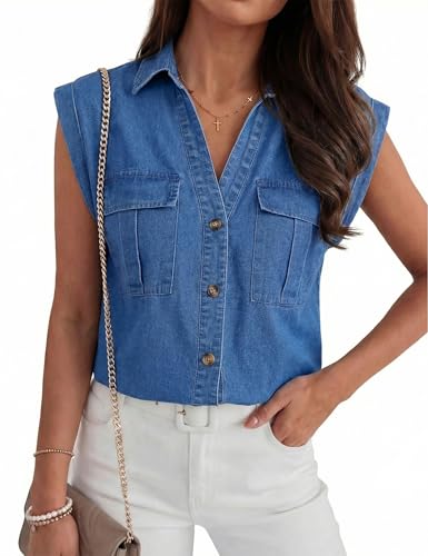 POTILI Women's Sleeveless Denim Shirts, Button Down V Neck Jean Cap Blouse Top Trendy Casual Blue — view 5