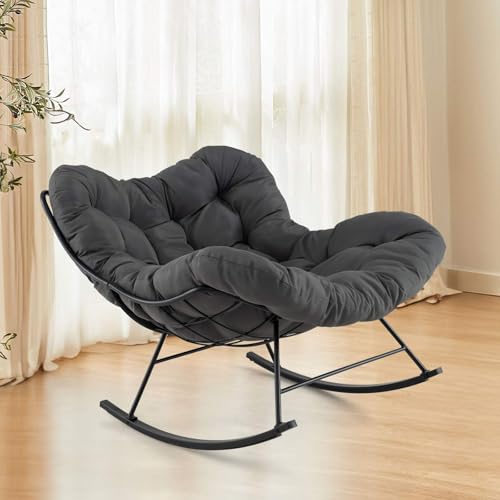 Costway Oversized Papasan Rocking Chair, Lazy Leisure Egg Chair with Padded Cushion & Metal Frame, Indoor Rocker Chair, 205 KG Maximum Weight, Large Lounge Chair for Living Room Bedroom