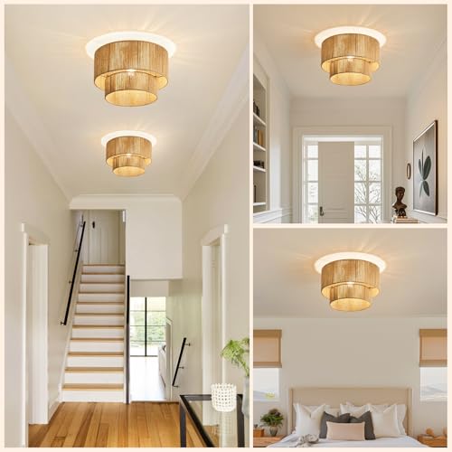 NUODIFAN Boho Deckenlampe aus Juteschnur 40 cm rustikale Jute-Leuchte für Schlafzimmer, Wohnzimmer, Küche, E27 Fassung