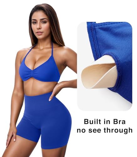 Image of OMKAGI Halter Sports Bras for Women Padded Strappy Bra Open Back Workout Gym Crop