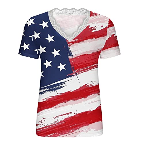 Camisetas de renda com bandeira americana para mulheres, manga curta, acabamento em renda, gola V, c
