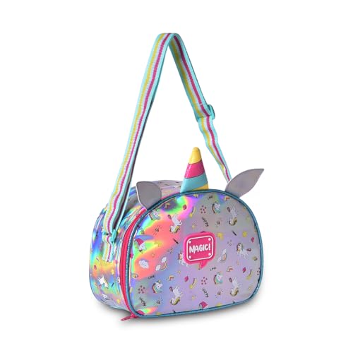 Kit Mochila Carrinho Holográfica Infantil Unicórnio Estojo E Lancheirinha Térmica Escolar