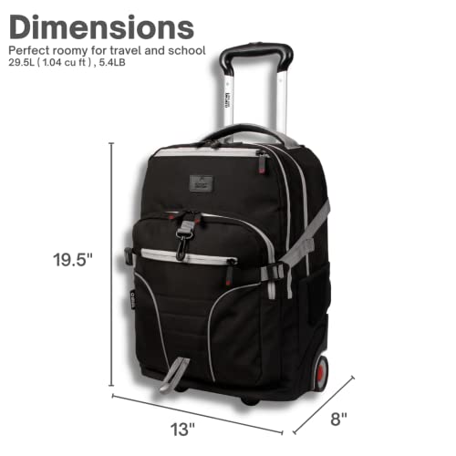 Image of J World Lunar Rolling Backpack. Laptop Bag With Wheels. Wheeled Carry-On Travel Luggage, Black, 19.5 x 13 x 8 Inches