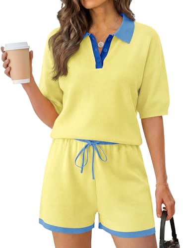 Image of Tankaneo Womens 2 Piece Short Sets Short Sleeve Knit Tops Vacation Outfits | Sweater Fabric, 2026 Summer, Collared, Matching Lounge Set
