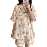 [EnagmourCheripo] クマ柄 パジャマ レディース ベビー綿 ルームウェア 半袖トップ 短パン 上下セット パジャマセット ボタン 通気性 着瘦せ効果 肌に優しい シンプル 薄手 可愛い 大人 大きいサイズ 部屋着 春夏