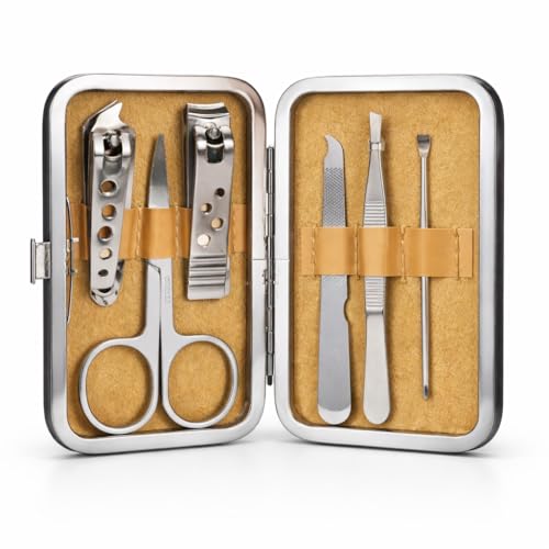 Kit Manucure 7 Pièces – Coupe-Ongles, Ciseaux, Lime, Pince et Outils Cuticules – Étui Compact Métal – Acier Inoxydable – Idéal Voyage et Usage Quotidien