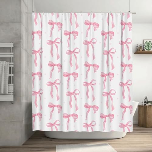 Haukea Cute Shower Curtain Pink Bow Fabric Shower Curtains for Bathroom Modern Aesthetic Cloth Shower Curtain Set with Hooks 72x72 Inch, Pink Bow by Haukea - Used condition - US$8.90