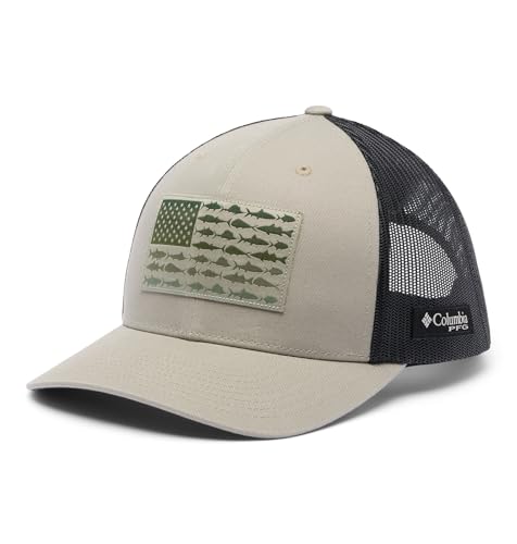 Image of Columbia Unisex Unisex PFG Fish Flag Mesh Snap Back Hat, Grey Green /Black /Fish Flag, One Size