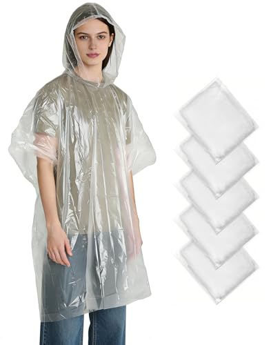KAshack 5 Stück Einweg Regenponcho Durchsichtig für Damen Herren 100% Wasserdichtes Regencape mit Kaputze Verdicken Leichtgewichtiger für Konzert...