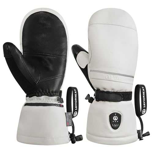 SAVIOR HEAT Heated Ski Mittens 3.0 for Men Women 3000mAh Rechargeable Battery Electric Leather Gloves Waterproof 3M Thinsulate Extreme Cold Winter Gloves EH8 PRO Heating for Skiing
