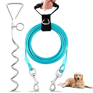 Dog Tie Out Cable and Stake,30FT Outside Dog Run Cable Leash&Chain with Hand Strap for Camping and Yard, 16” Heavy Duty Anti Rust Spiral Stake for Small-Large Dogs Up to 125lbs (Teal, 125lbs 30FT)