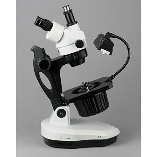 Image of AmScope GM400TZ-10M Digital Trinocular Gemology Stereo Zoom Microscope, WH10x Eyepieces, 3.5X-90X Magnification, 0.7X-4.5X Zoom Objective, Halogen and Fluorescent Lighting, Inclined Pillar Stand, 110V-120V, Includes 0.5X and 2.0X Barlow Lenses, 10MP Camera with Reduction Lens, and Software