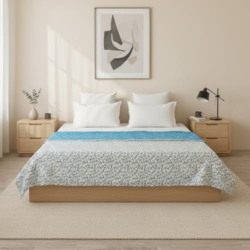 Image of HOMEMONDE 100% Cotton Reversible Dohar Double Bed Size | AC Blanket Comforter | Soft Lightweight Bed Blanket Quilt (84 x 94 Inch, Turquoise & White, Pack of 1)