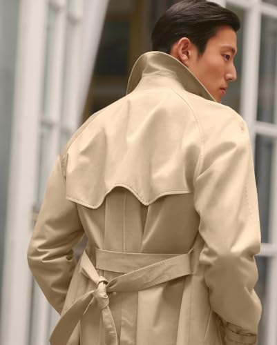 Image of Runcati Mens Trench Coat Double Breasted Notched Lapel Casual Belted Windbreaker Fall Classic Long Jacket Overcoat