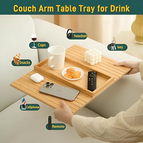 Image of MISHAVI Sofa Armrest Tray - Flexible Wooden Sofa Arm Tray & Integrated Cup Holder - Large Couch Side Arm Wooden Cover for Snacks & Drinks - Fits Round & Square Armrests - Premium Sofa Accessories