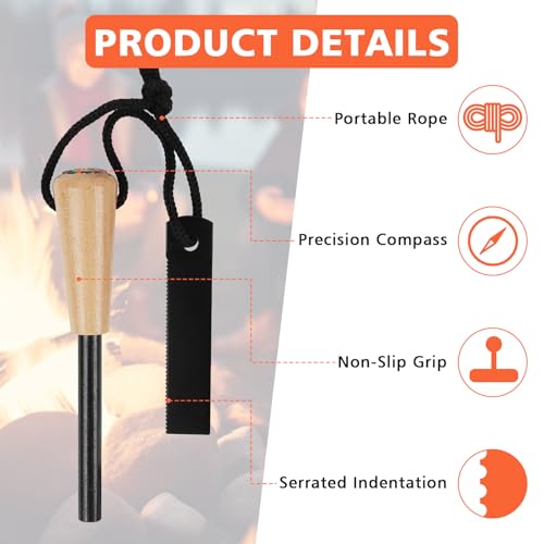 2 Stück Feuerstahl Outdoor, Survival Feuerstein mit Holzgriff und Kompass, Magnesium Feuerstarter Survival Set, Feuerstarter Aus Flintstahl,Survival Kit für Bushcraft, Camping, Wandern, Lagerfeuer