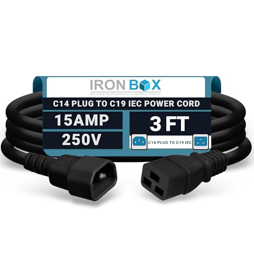 Image of IronBox Electric - Heavy-Duty C14 to C19 Power Cord, 15A, 250V, 14 /3 SJT - IEC60320 PC Cable for Computer Extensions, Monitor, PSU - C14 Male to C19 Female Connector Power Cable - (Black 3 Foot)