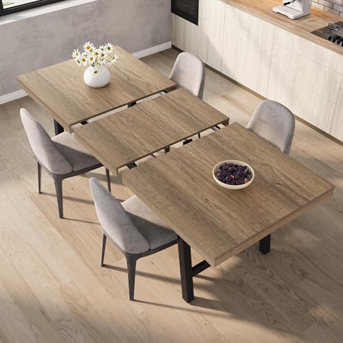 Image of GarveeHome 63-83 inch Extendable Dining Table, Industrial Rectangular Dining Room Table for 6-8 People, Expandable Kitchen Table with Heavy Duty Metal Frame for Dining Room, Kitchen & Parties, Rustic Pear