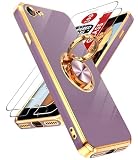 LeYi for iPhone SE Case iPhone 7 Case iPhone 8 Case: with Tempered Glass Screen Protector [2 Pack] 360° Rotatable Ring Holder Magnetic Kickstand, Plating Rose Gold Edge for 7/8/SE Case, Purple