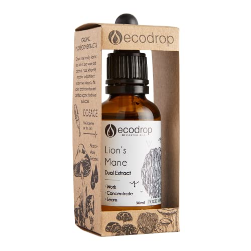 Ecodrop Organic Lions Mane Mushroom I 30ml I Double Extract Liquid Tincture Lions Mane Supplement I EU & Soil Association Certified I Manufactured in Finland