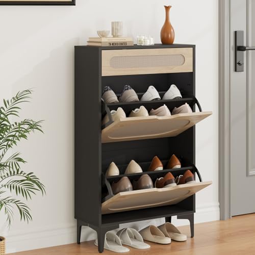 GarveeHome Rattan Shoe Cabinet with 2 Flip Drawers and 1 Pull-Out Drawer, Free Stand Shoe Storage Cabinet, 3 Adjustable Shelf, Narrow Shoe Cabinet for Entryway/Porch, Black