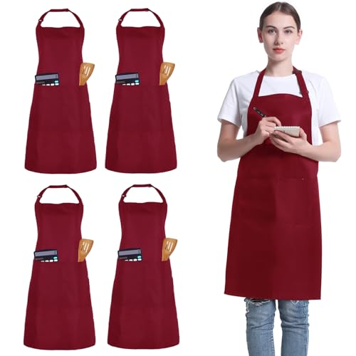 4 Packs Kochschürzen, Unisex verstellbare Schürzen mit 2 Taschen, personalisierte Schürzen für Männer Frauen, professionelle Schürze für Kochen, Gartenarbeit, Küche, Restaurant, Kaffeehaus (Tiefrot)