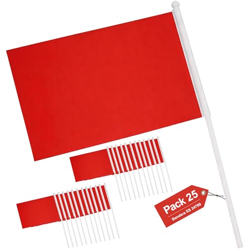 Gokoi, Pack 25 Unidades, Bandera de Mano Roja, Poliéster Resistente, Colores Vivos, Ideal para Eventos Deportivos, Celebraciones y Decoración, 21x14CM