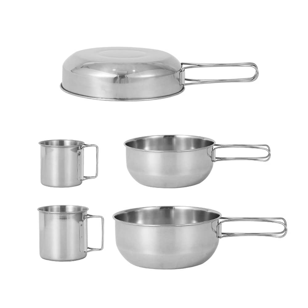 HUIOP Set di pentole da campeggio da 5 pezzi Kit di pentole da picnic portatili per esterni Stoviglie da viaggio in acciaio inossidabile Accessorio per la cucina Set di tazze per pentole,Accessorio da