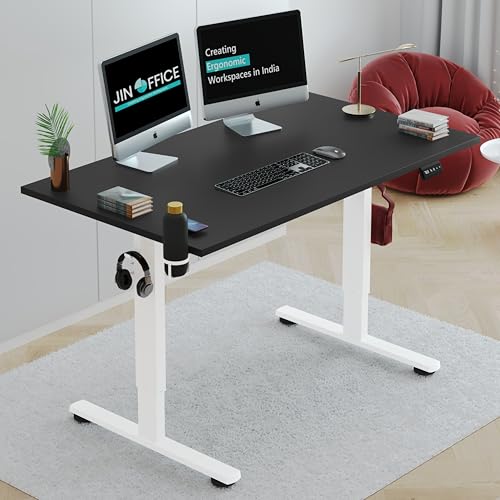 Image of JIN OFFICE Octave Height Adjustable Table Electric | Sit Stand Desk, 2 Year Warranty, 80 Kg Wt. Cap| Standing Desk with Memory Preset, Cup Holder| Stability Crossbar| Black 1200*750mm/25mm Thick Top