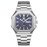 OLEVS Men's Elegant Watch Blue Textured Dial, Durable Stainless Steel Silver Watch for Men, Luminous Hands Water Resistant Day Date Watch, Modern Chic Octagon Style, Executive Watch for Daily Style