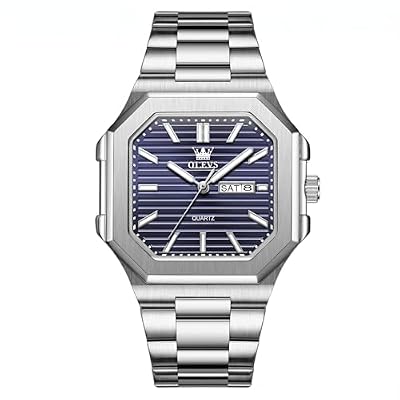 OLEVS Men's Elegant Watch Blue Textured Dial, Durable Stainless Steel Silver Watch for Men, Luminous Hands Water Resistant Day Date Watch, Modern Chic Octagon Style, Executive Watch for Daily Style