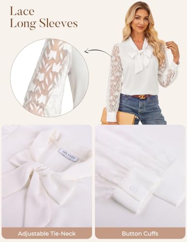 Women Business Casual Blouses White Dressy Lace Long Sleeve Tie Neck Tops — view 4