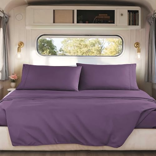 Image of Nestl Purple Short Queen Sheets for RV, Hotel Luxury RV Queen Sheets Set, 4 Piece Fitted Bed Sheet Set and Pillowcases, Super Soft, Wrinkle-Free, and Breathable Camper Bedding